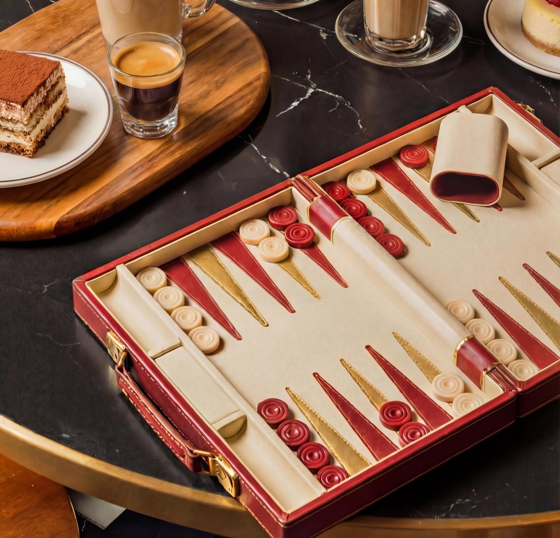 Friends gathered around food and backgammon