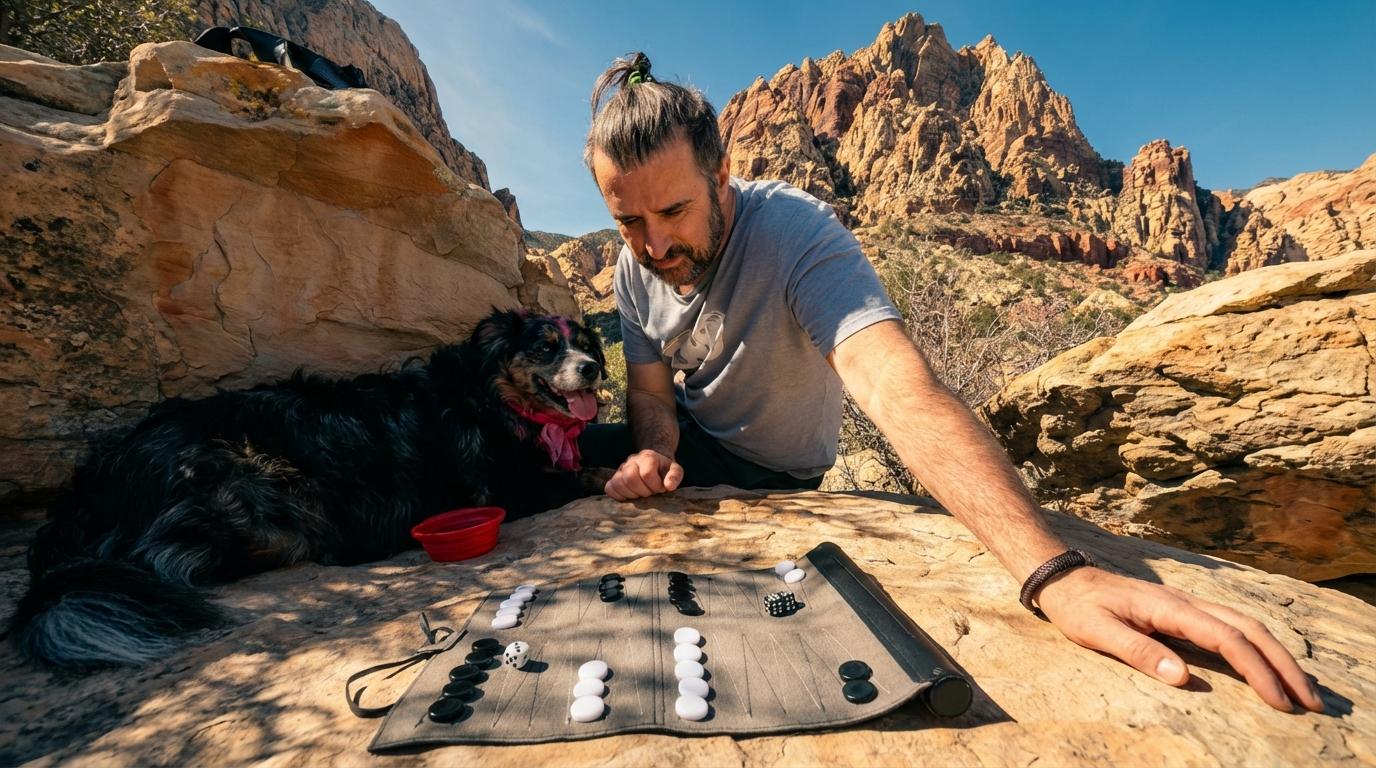 Playing backgammon outdoors with a dog